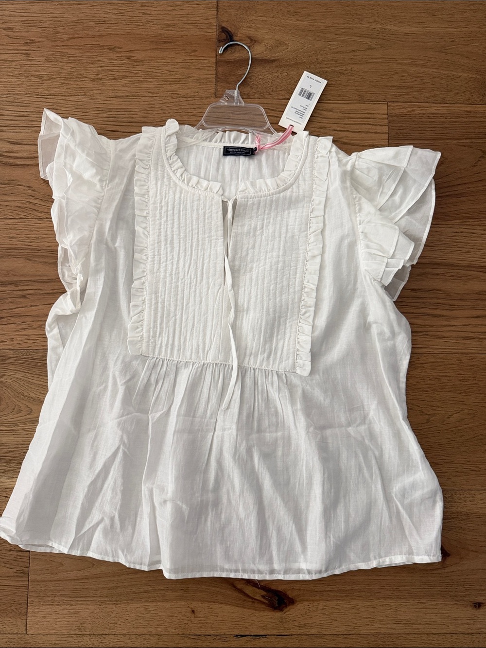 Vineyard Vines White Ruffle-Neck Top with Pink Ribbon
